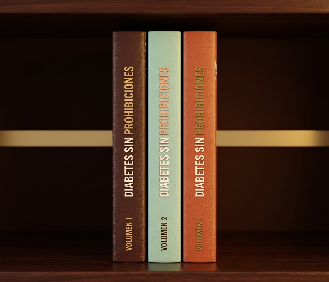Los tres libros de la trilogía parados uno al lado del otro, como en una biblioteca